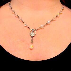 Sterling silver Swarovski crystals religious miraculous Mary necklace